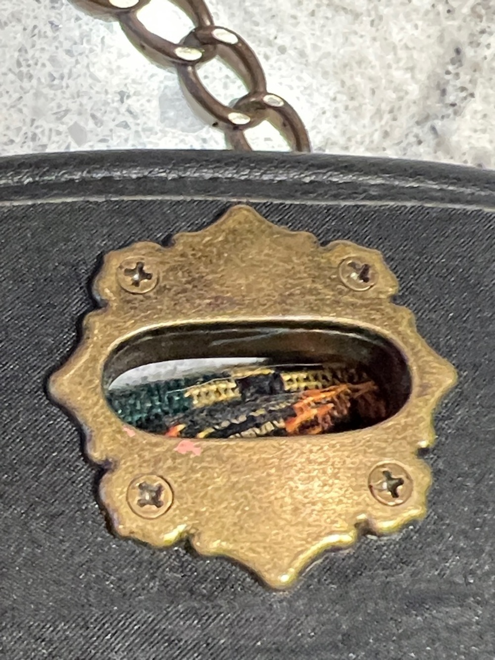 Icing Black Leather & Rust Patterned Tapestry Crossbody Chunky Brass Hardware - Picture 11 of 12